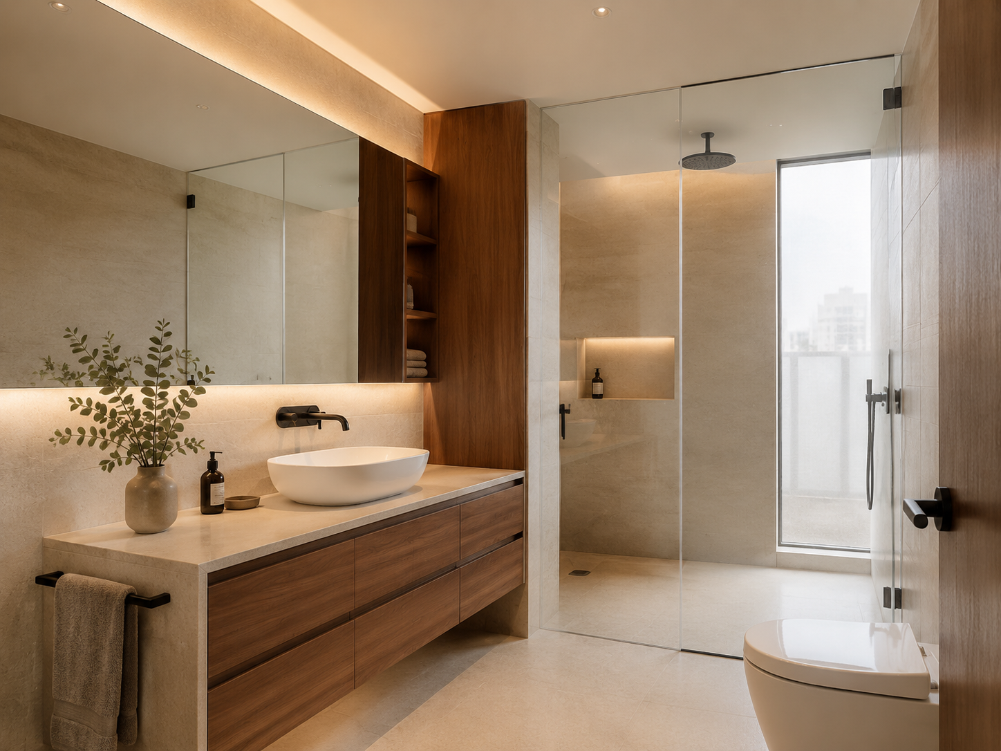 Baño contemporáneo con piedra clara y mobiliario en madera